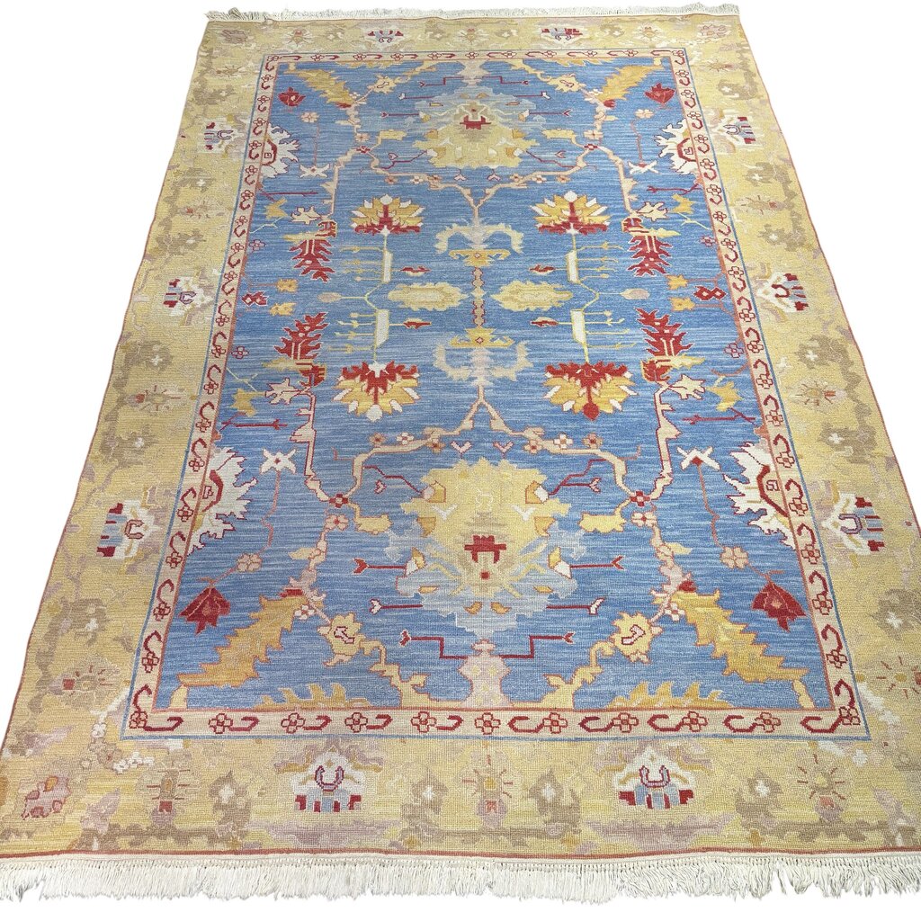 Hand Knotted Soumak Luxury Wool Rug Provincial Blue/Golden Yellow Reversible 9'6"Lx6'2"W