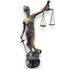 "Lady Justice" also Greek Goddess Themis of Earth & Law Bronze Statue on Marble Pedestal Sword & Scales 15Wx30H