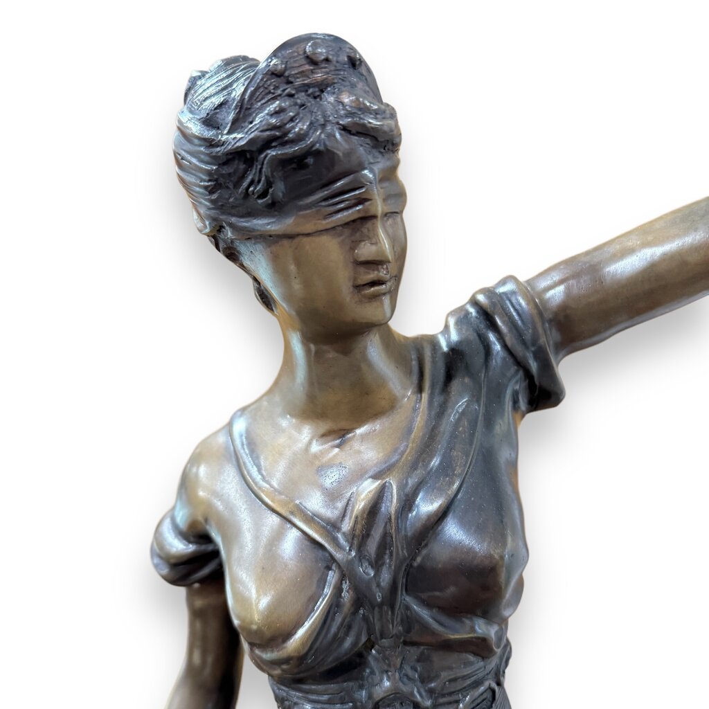 "Lady Justice" also Greek Goddess Themis of Earth & Law Bronze Statue on Marble Pedestal Sword & Scales 15Wx30H