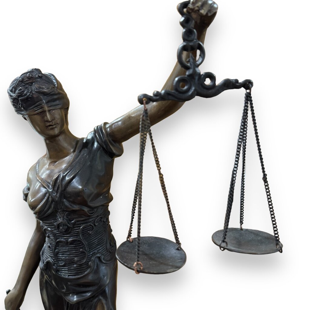 "Lady Justice" also Greek Goddess Themis of Earth & Law Bronze Statue on Marble Pedestal Sword & Scales 15Wx30H