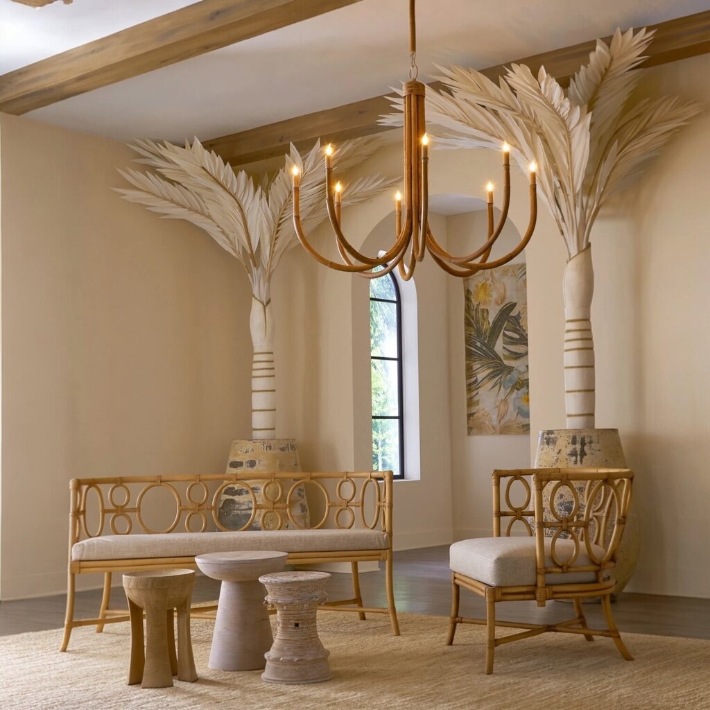 Currey & Company Samsara 8 Light Natural Bamboo Rattan Wrought Iron Chandelier 36"h x 42.5"dia.