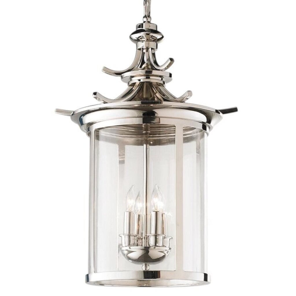 Pair of Polished Nickel Chinoiserie Pagoda Lanterns 14Wx20H
