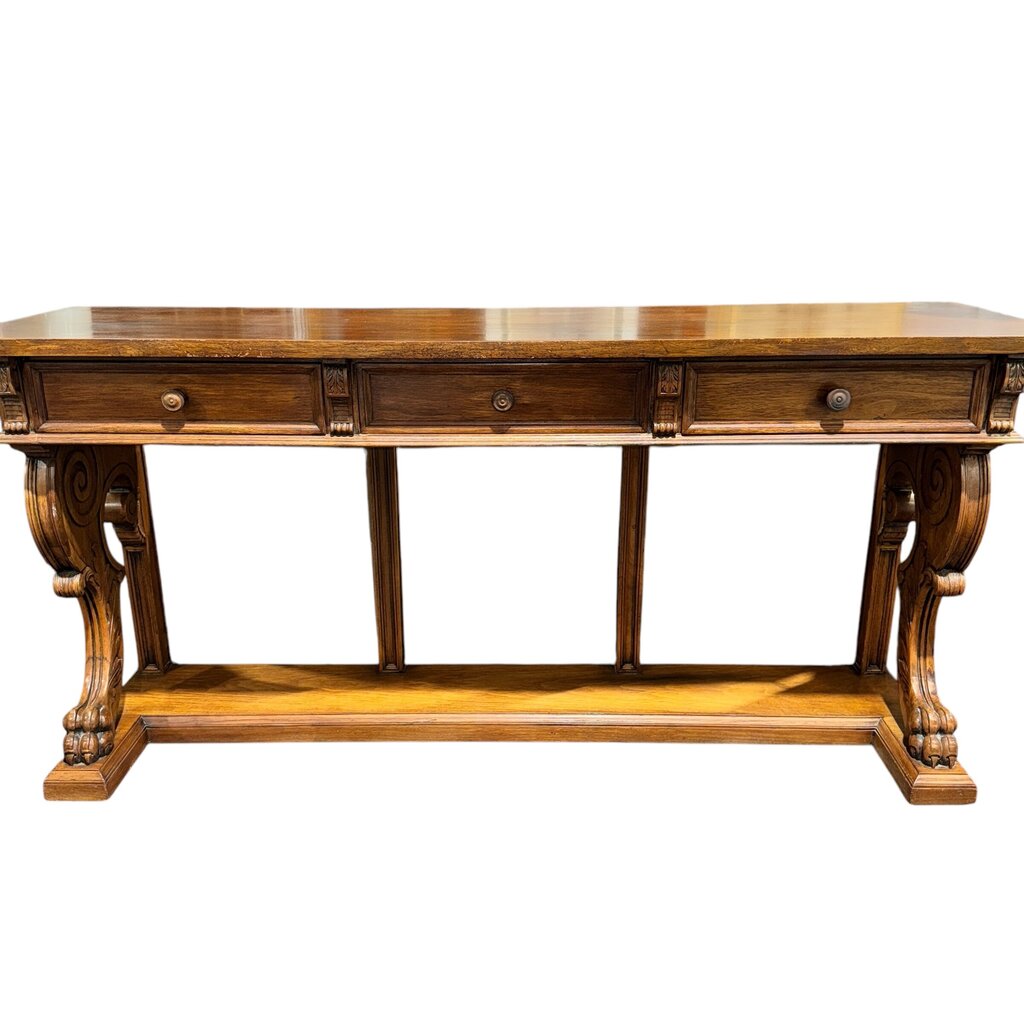 Antique Solid Wood 3 Drawer Console w/ Carved Lions Feet Scroll Work 77Lx22Wx37H
