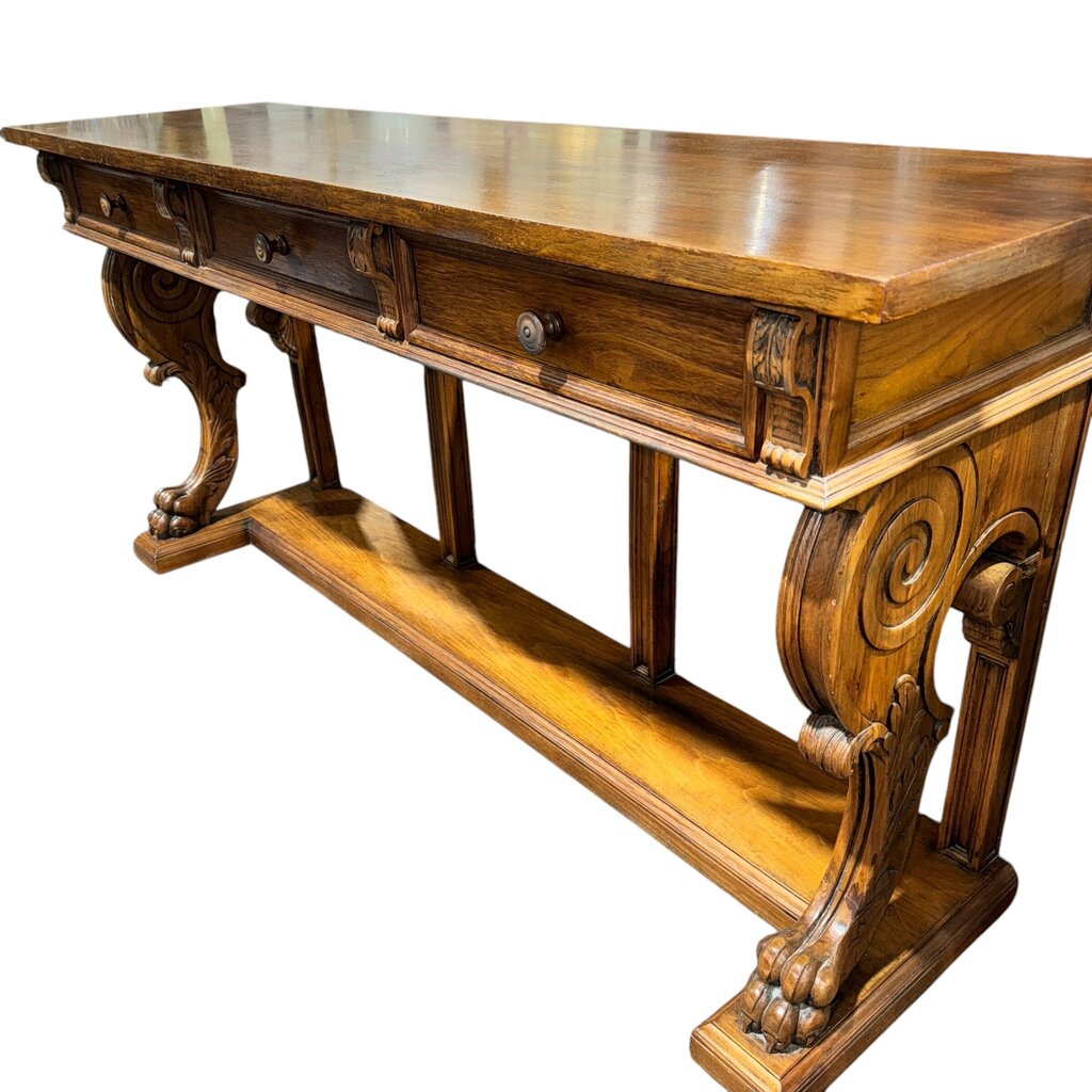Antique Solid Wood 3 Drawer Console w/ Carved Lions Feet Scroll Work 77Lx22Wx37H