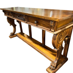 Antique Solid Wood 3 Drawer Console w/ Carved Lions Feet Scroll Work 77Lx22Wx37H
