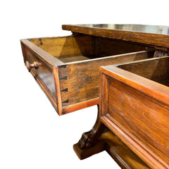 Antique Solid Wood 3 Drawer Console w/ Carved Lions Feet Scroll Work 77Lx22Wx37H