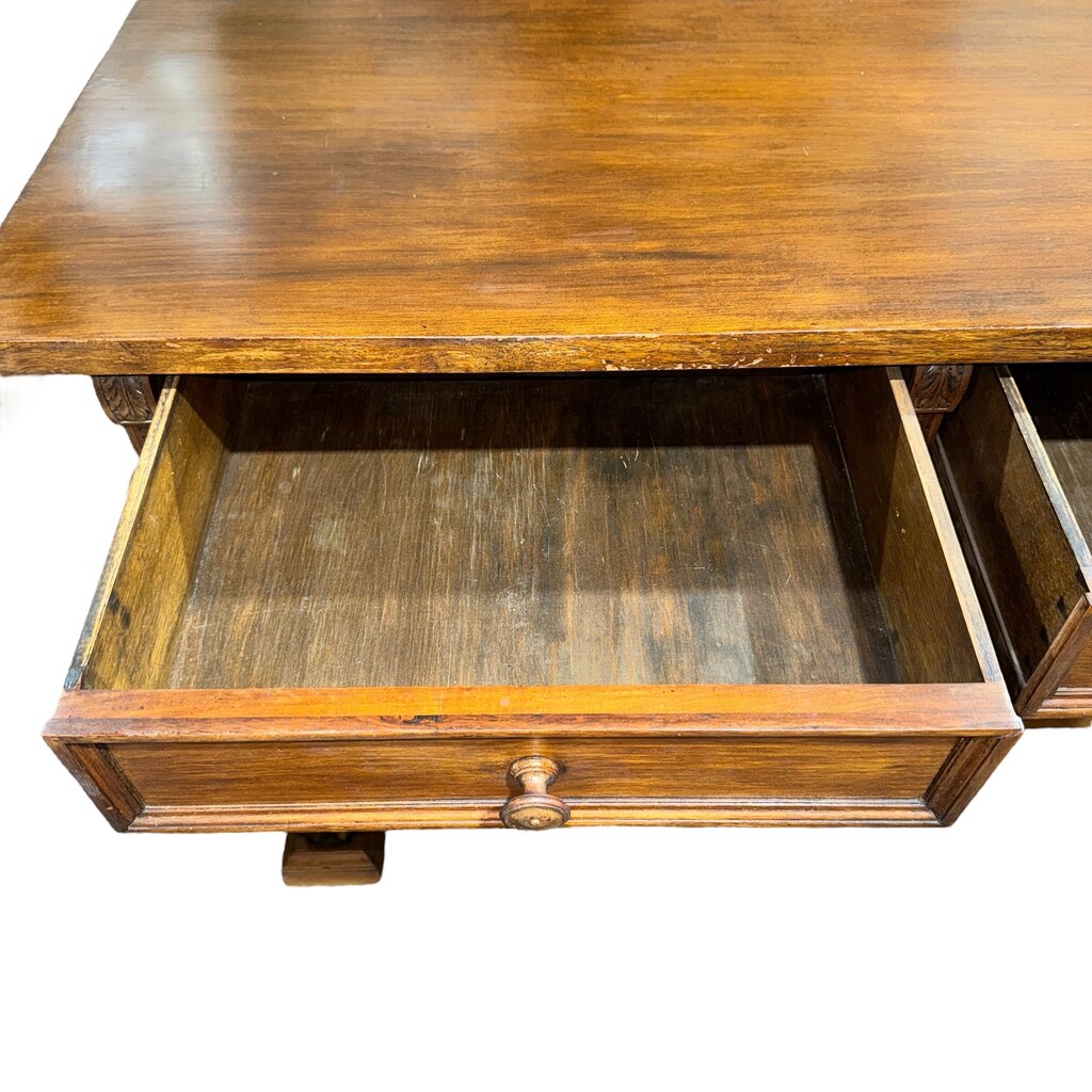 Antique Solid Wood 3 Drawer Console w/ Carved Lions Feet Scroll Work 77Lx22Wx37H