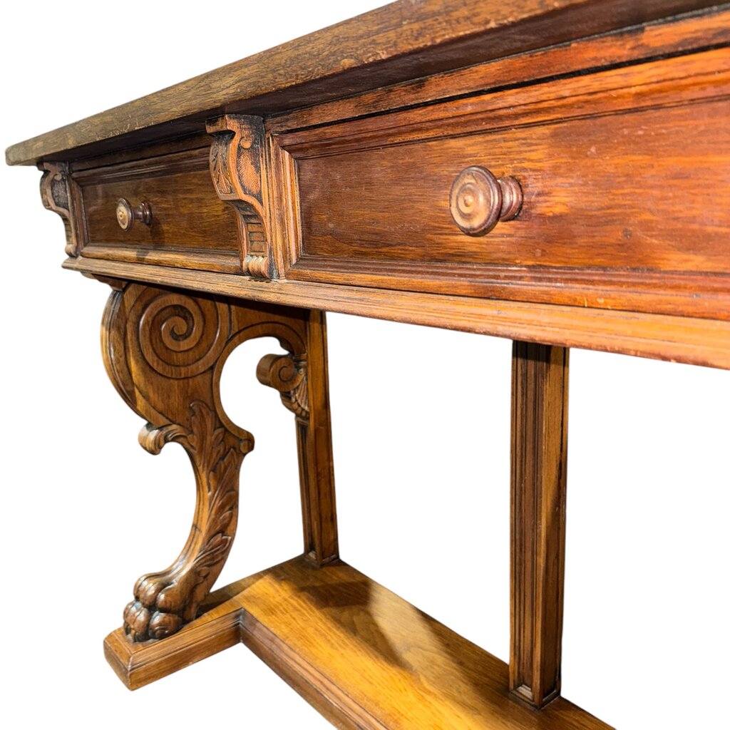 Antique Solid Wood 3 Drawer Console w/ Carved Lions Feet Scroll Work 77Lx22Wx37H