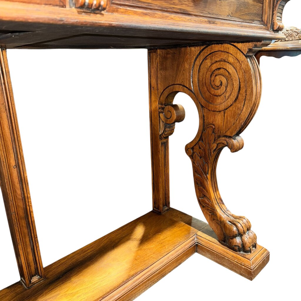 Antique Solid Wood 3 Drawer Console w/ Carved Lions Feet Scroll Work 77Lx22Wx37H