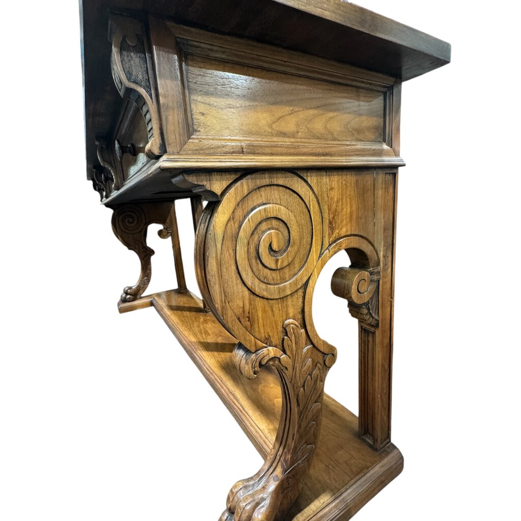 Antique Solid Wood 3 Drawer Console w/ Carved Lions Feet Scroll Work 77Lx22Wx37H