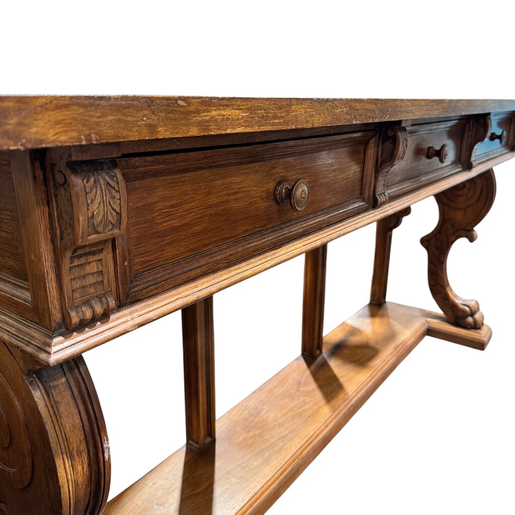 Antique Solid Wood 3 Drawer Console w/ Carved Lions Feet Scroll Work 77Lx22Wx37H