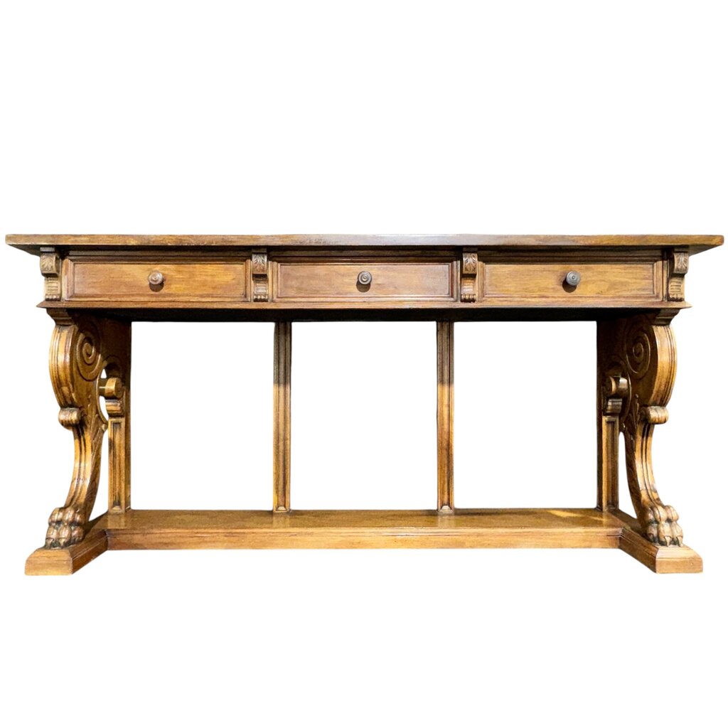 Antique Solid Wood 3 Drawer Console w/ Carved Lions Feet Scroll Work 77Lx22Wx37H