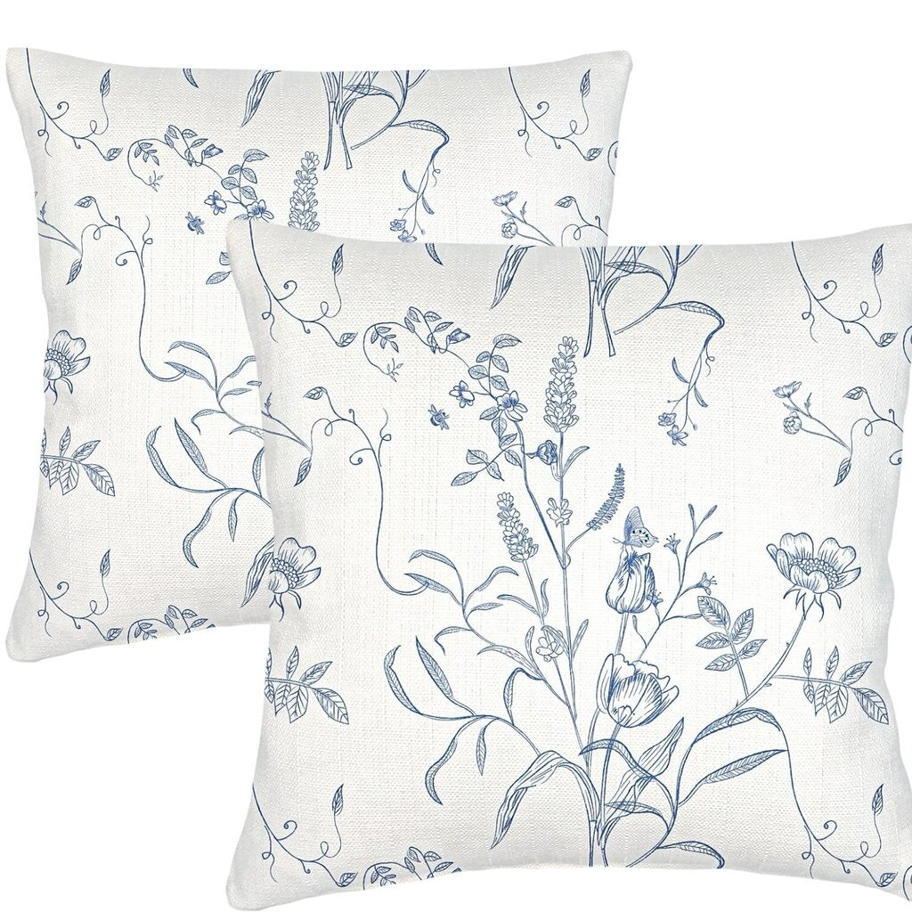 Blue English Garden Linen Cover w/ Down Pillow 20x20 PAIR