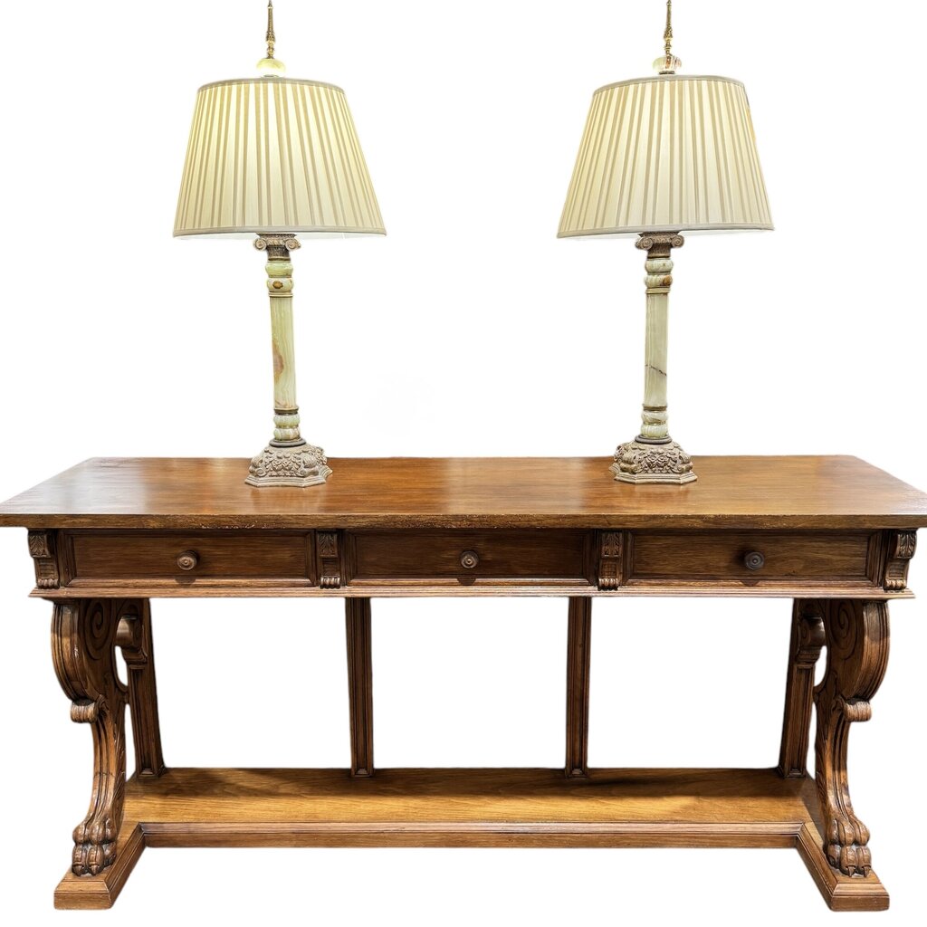 Antique Solid Wood 3 Drawer Console w/ Carved Lions Feet Scroll Work 77Lx22Wx37H