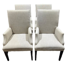 4 Restoration Hardware Hudson Parsons Fabric Dining Arm Chairs Color Dune Performance Textured Two-Tone Linen Fabric Brown Oak Drifted Finish