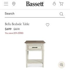 Bassett Bella Aged Whitestone Bedside Table Nightstand w/ Powerstrip Outlet 24” L x 19” W x 29.5” H