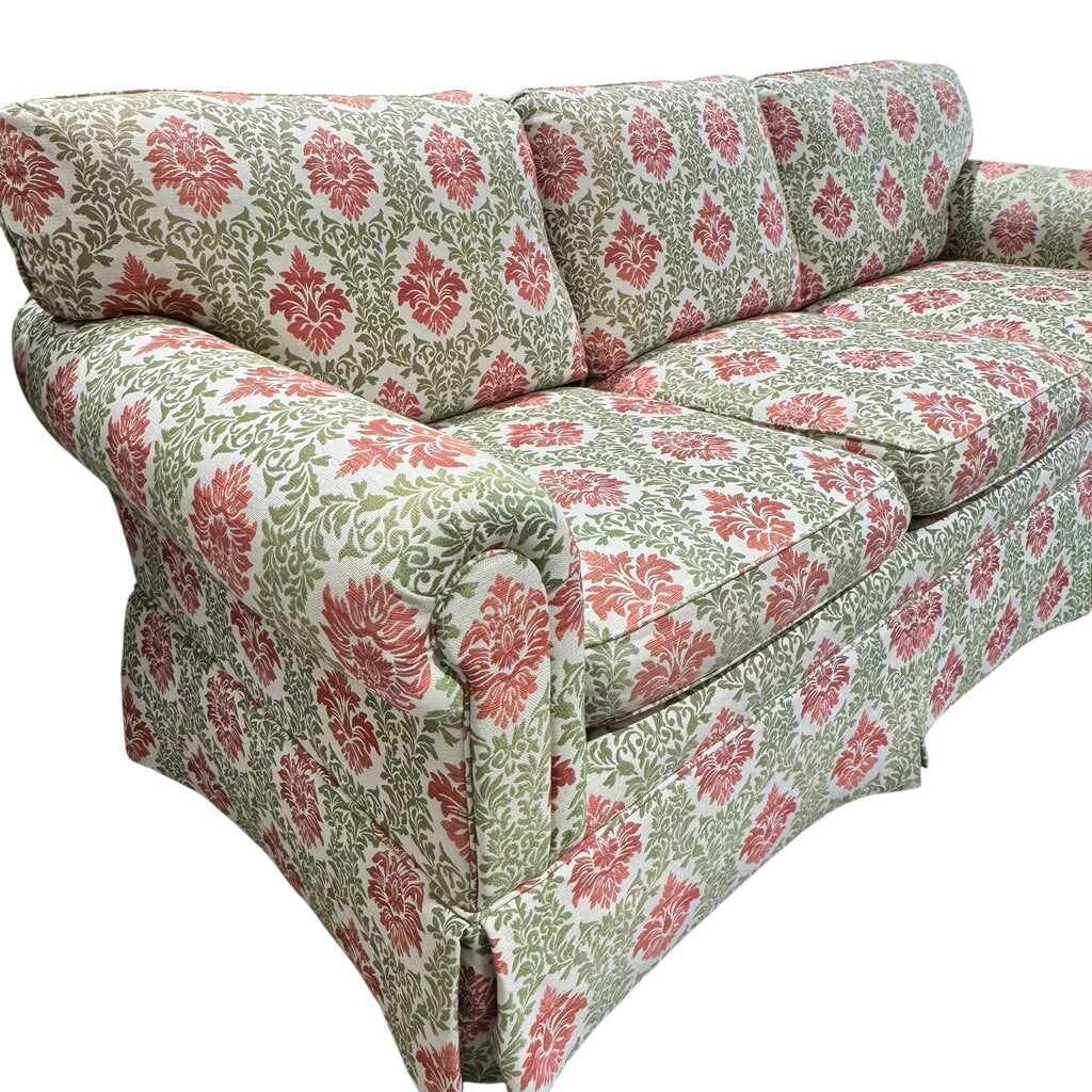 Custom Down Filled Upholstered Sofa w/ Lee Jofa Red & Green Motif Fabric 84Lx36Wx30H
