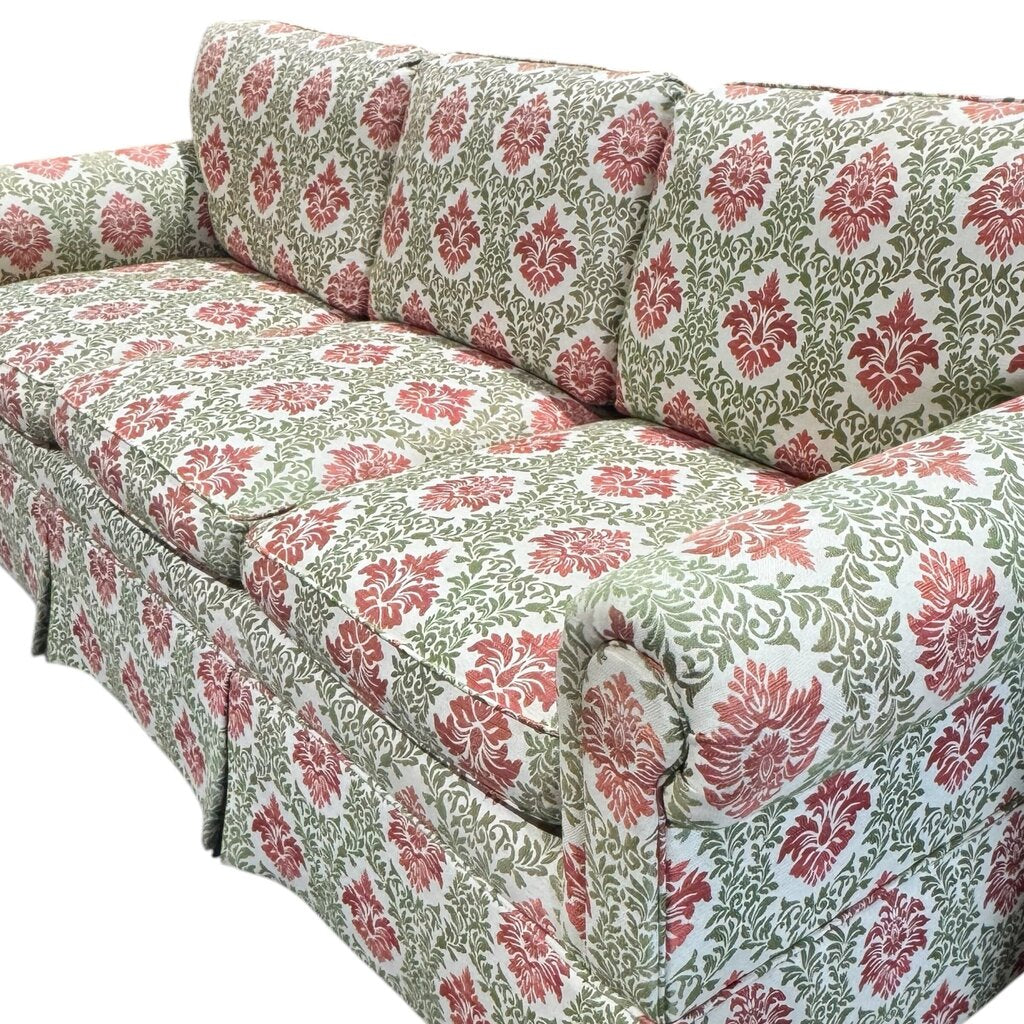 Custom Down Filled Upholstered Sofa w/ Lee Jofa Red & Green Motif Fabric 84Lx36Wx30H