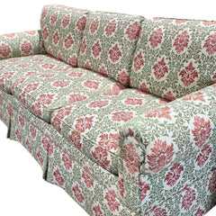 Custom Down Filled Upholstered Sofa w/ Lee Jofa Red & Green Motif Fabric 84Lx36Wx30H