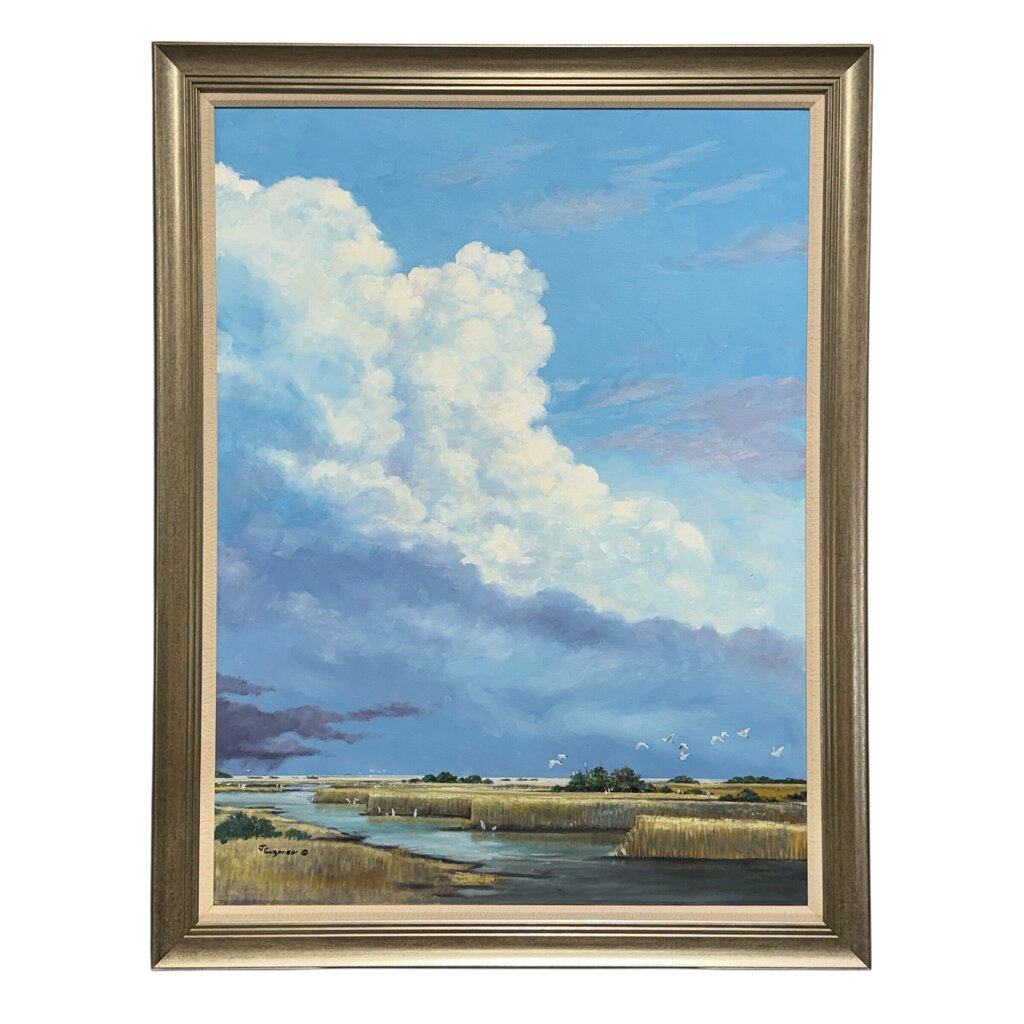 Joe Suroviec "Cloud Parade" Original Oil on Canvas, Coastal Marsh Landscape, Framed, 43Lx55H