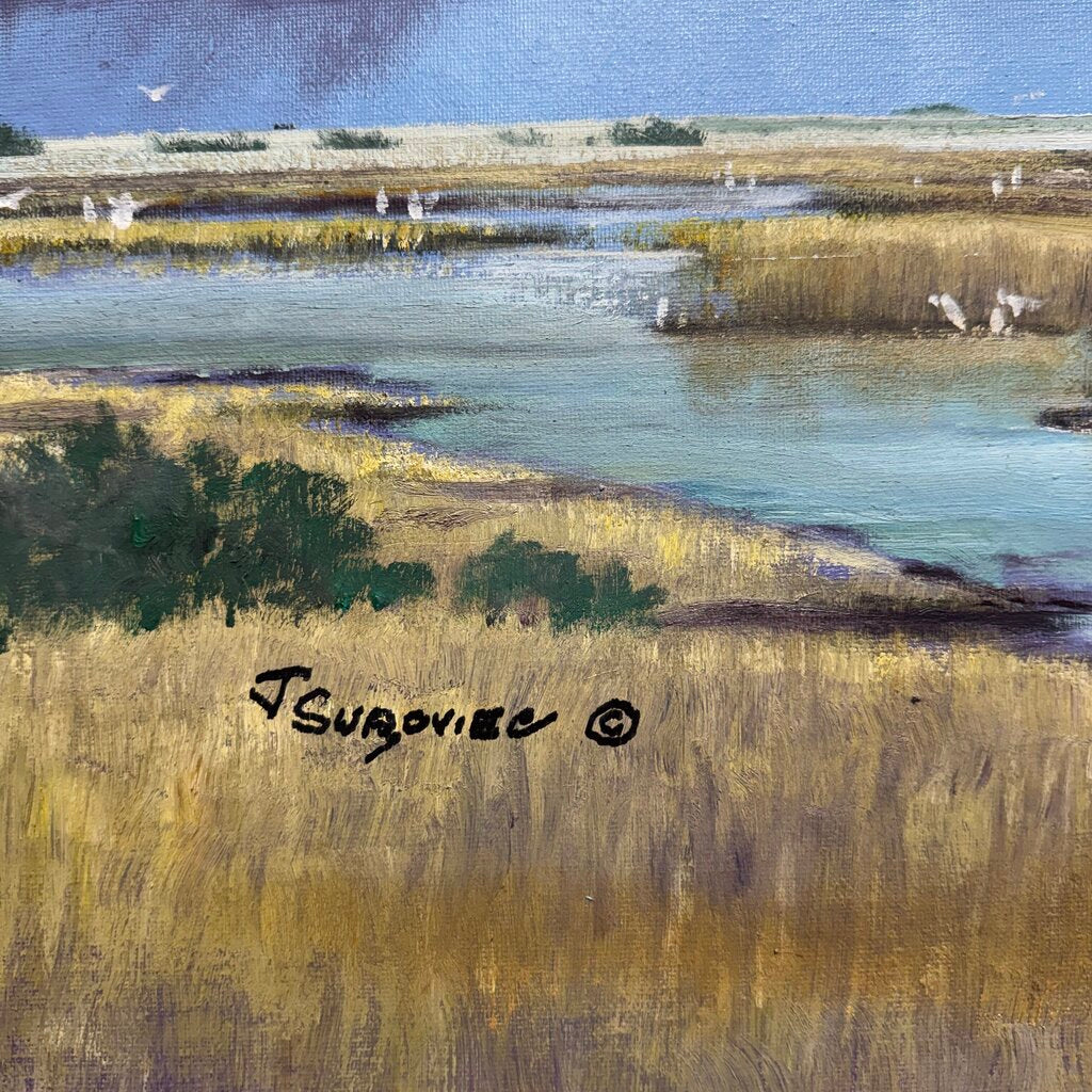 Joe Suroviec "Cloud Parade" Original Oil on Canvas, Coastal Marsh Landscape, Framed, 43Lx55H