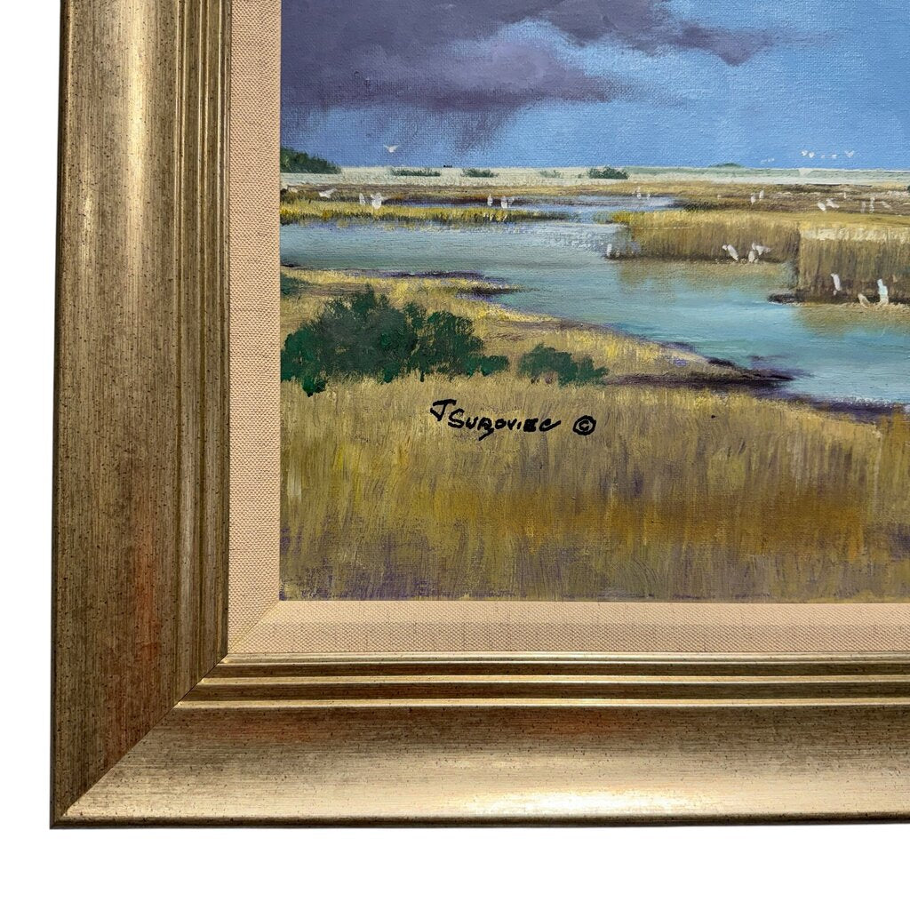 Joe Suroviec "Cloud Parade" Original Oil on Canvas, Coastal Marsh Landscape, Framed, 43Lx55H