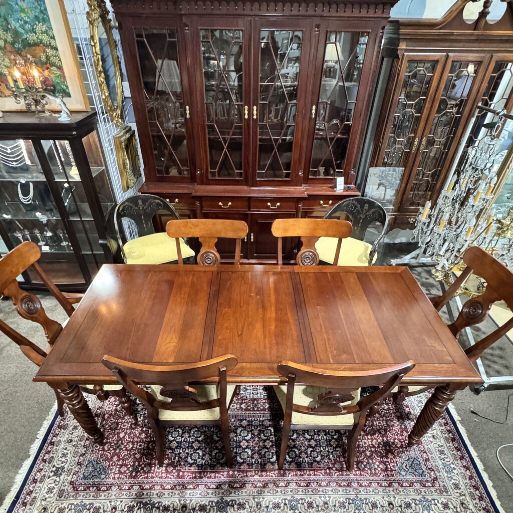Ethan Allen Dining Set w/ 6 Upholstered Chairs & Protective Pads 82Lx38Wx30H