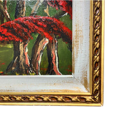 "Red Royal Poinceta Trees" Original Oil on Masonite Board by Self-Proclaimed Florida Highwayman Artist, Michael Sears 42Lx30W