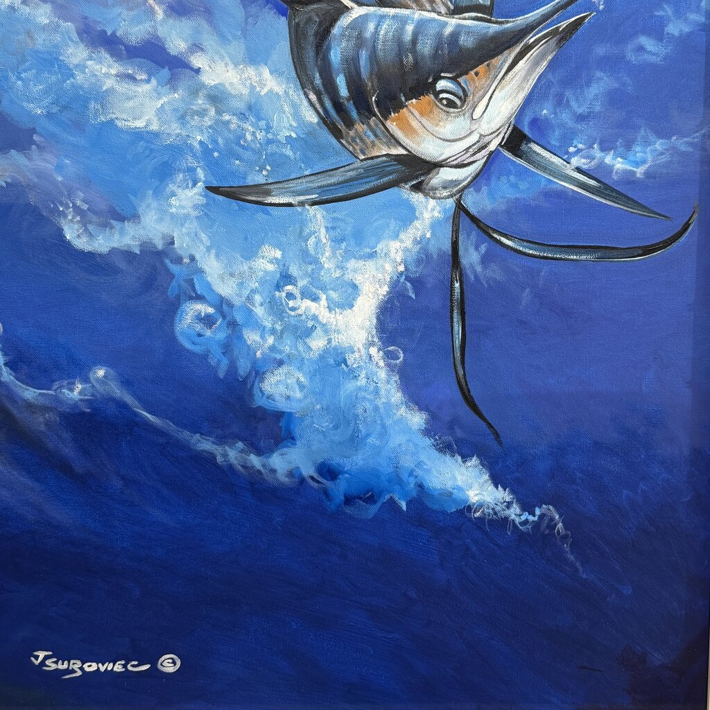 Joe Suroviec “Free Jumper” Original Oil on Canvas, Sailfish, Framed, 31Lx43H