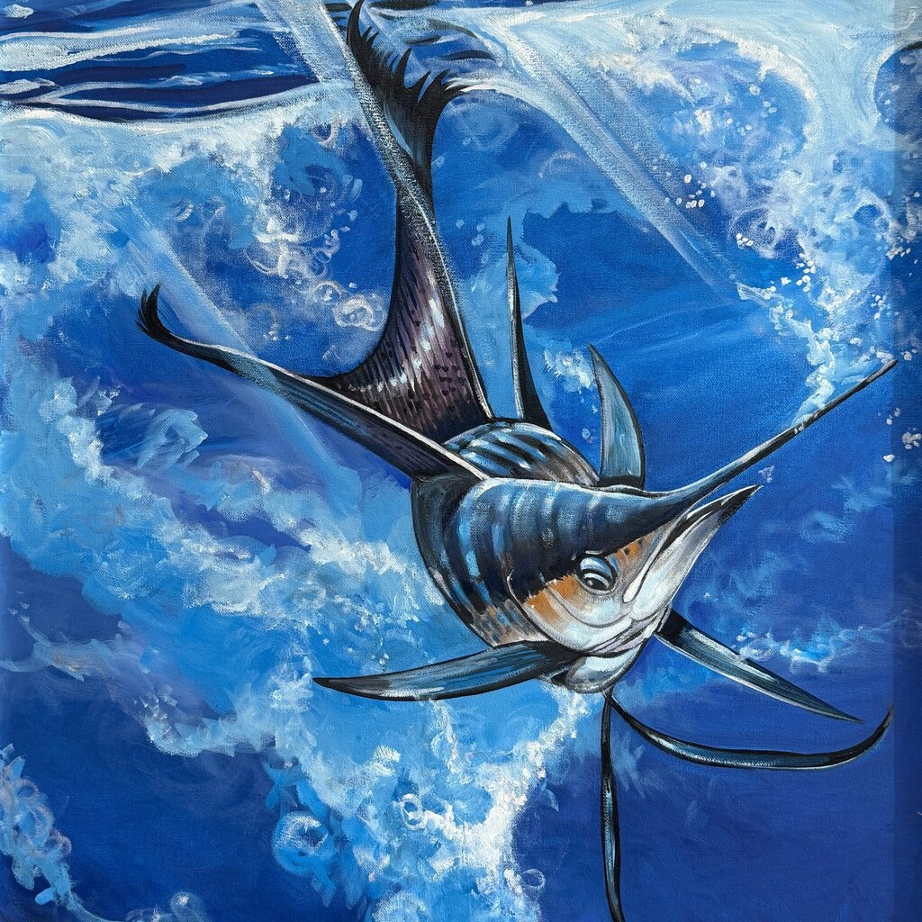 Joe Suroviec “Free Jumper” Original Oil on Canvas, Sailfish, Framed, 31Lx43H