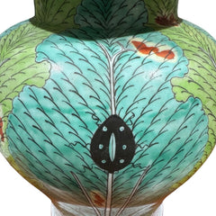 Pair of 16" Tall Chinoiserie Famille Verte Bok Choy Cabbage Leaf & Butterfly Ginger Jars 10Wx16H
