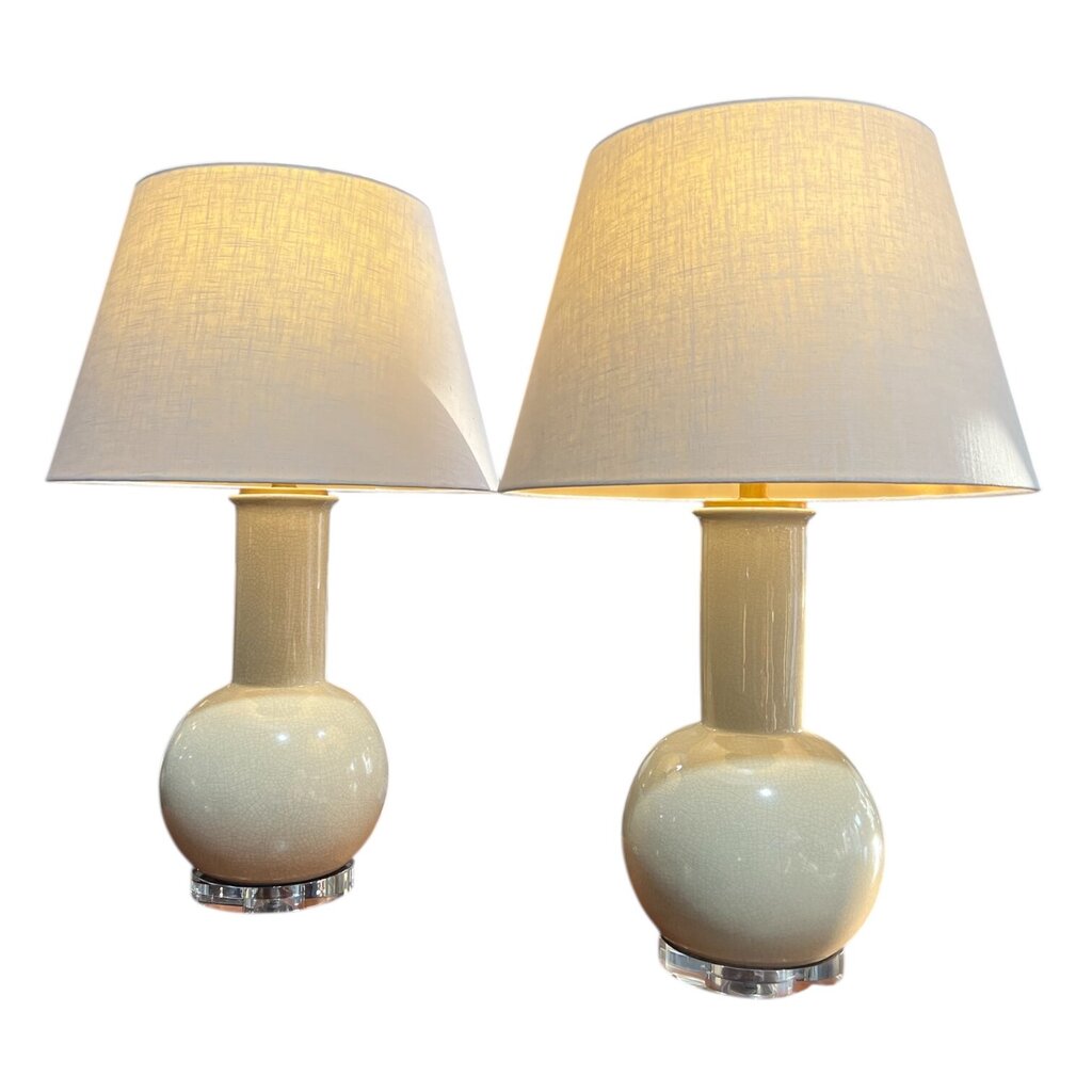 Pair of Cream Ceramic Beige Lamps w/Crackle Glaze Finish & Glass Base 14Wx28H
