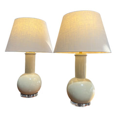 Pair of Cream Ceramic Beige Lamps w/Crackle Glaze Finish & Glass Base 14Wx28H