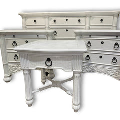 Broyhill 4pc White Lacquered Faux Bamboo Tropical Bedroom Furniture Set including Dresser, Nightstands, Accent Table