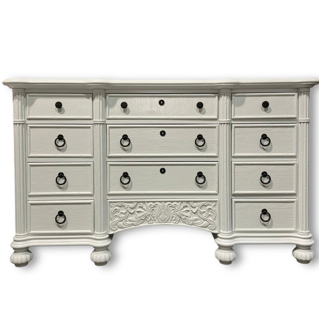 Broyhill 4pc White Lacquered Faux Bamboo Tropical Bedroom Furniture Set including Dresser, Nightstands, Accent Table
