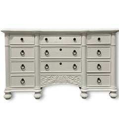 Broyhill 4pc White Lacquered Faux Bamboo Tropical Bedroom Furniture Set including Dresser, Nightstands, Accent Table