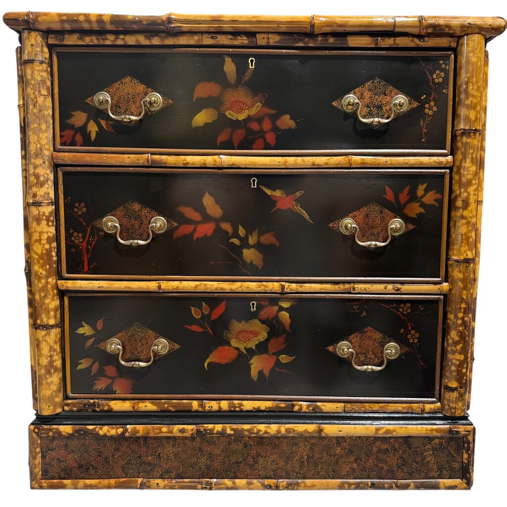 Antique English Chinoiserie Lacquered Bamboo Chest of Drawers w/ Brass Locks & Pulls Decorated w/ Birds & Foliage Motifs 33Lx19Wx33H