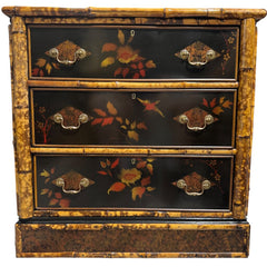 Antique English Chinoiserie Lacquered Bamboo Chest of Drawers w/ Brass Locks & Pulls Decorated w/ Birds & Foliage Motifs 33Lx19Wx33H