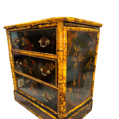 Antique English Chinoiserie Lacquered Bamboo Chest of Drawers w/ Brass Locks & Pulls Decorated w/ Birds & Foliage Motifs 33Lx19Wx33H