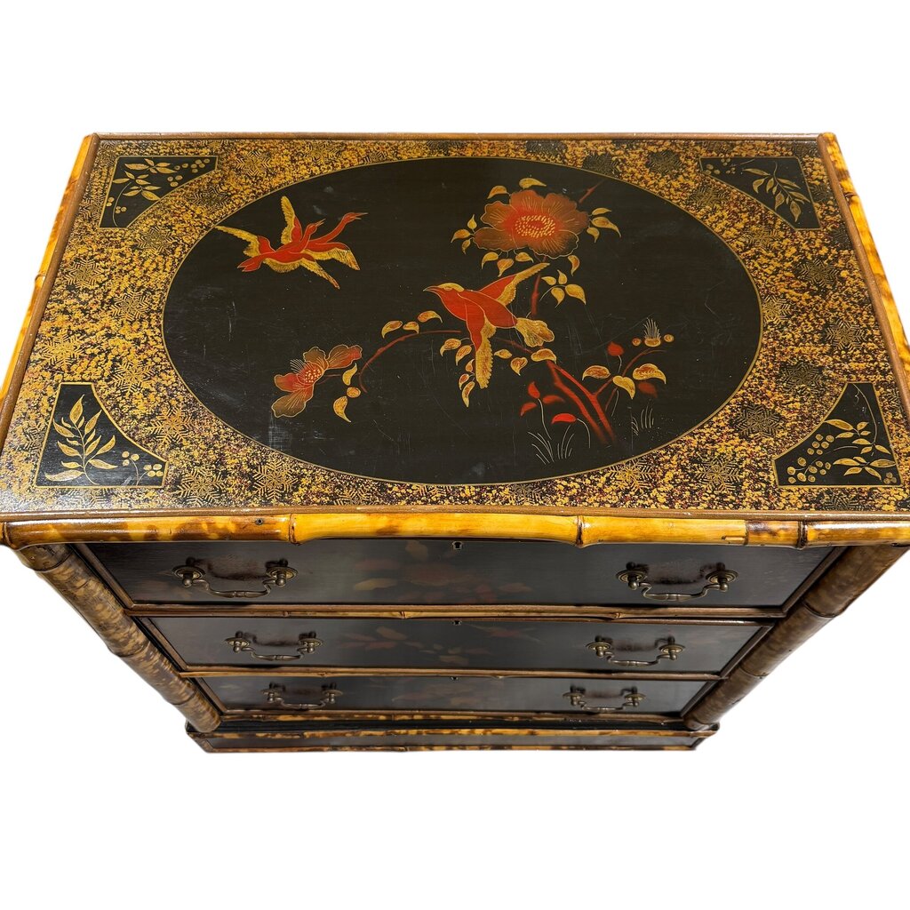 Antique English Chinoiserie Lacquered Bamboo Chest of Drawers w/ Brass Locks & Pulls Decorated w/ Birds & Foliage Motifs 33Lx19Wx33H