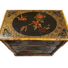 Antique English Chinoiserie Lacquered Bamboo Chest of Drawers w/ Brass Locks & Pulls Decorated w/ Birds & Foliage Motifs 33Lx19Wx33H