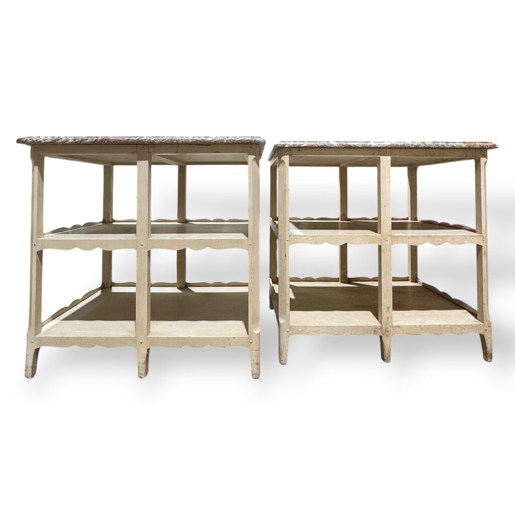 Pair of Louis XV Style Antique Marble Top Side Tables w/ Red & Gray Veined Stone Tops Over Original Hand Painted Cream Bases. Carved Scalloped Aprons & Triple Tier Open Shelving Reflect Classic French Provincial Design 30Lx24Wx29H