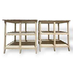 Pair of Louis XV Style Antique Marble Top Side Tables w/ Red & Gray Veined Stone Tops Over Original Hand Painted Cream Bases. Carved Scalloped Aprons & Triple Tier Open Shelving Reflect Classic French Provincial Design 30Lx24Wx29H