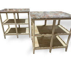 Pair of Louis XV Style Antique Marble Top Side Tables w/ Red & Gray Veined Stone Tops Over Original Hand Painted Cream Bases. Carved Scalloped Aprons & Triple Tier Open Shelving Reflect Classic French Provincial Design 30Lx24Wx29H