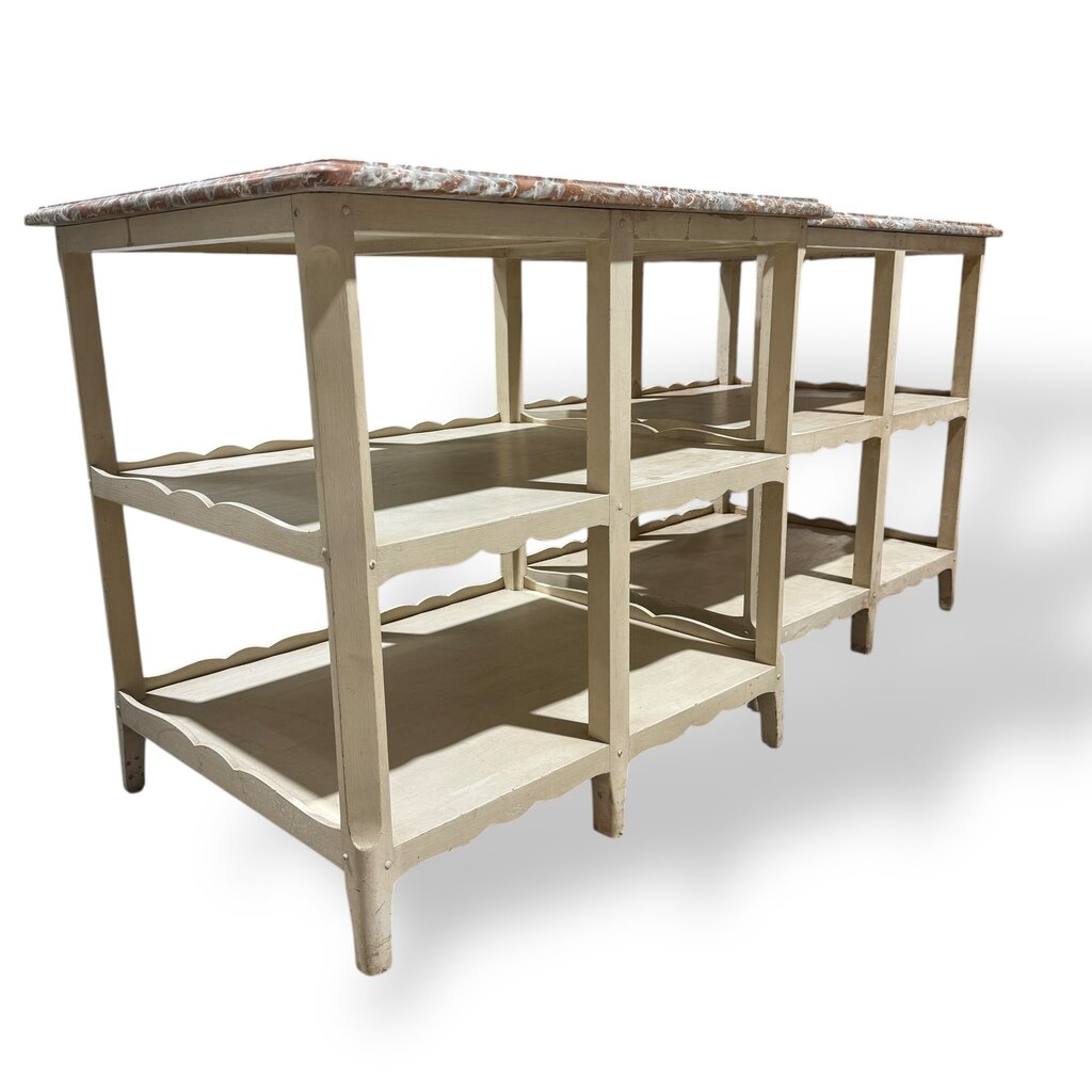 Pair of Louis XV Style Antique Marble Top Side Tables w/ Red & Gray Veined Stone Tops Over Original Hand Painted Cream Bases. Carved Scalloped Aprons & Triple Tier Open Shelving Reflect Classic French Provincial Design 30Lx24Wx29H