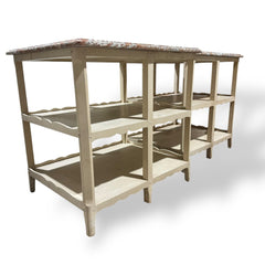 Pair of Louis XV Style Antique Marble Top Side Tables w/ Red & Gray Veined Stone Tops Over Original Hand Painted Cream Bases. Carved Scalloped Aprons & Triple Tier Open Shelving Reflect Classic French Provincial Design 30Lx24Wx29H