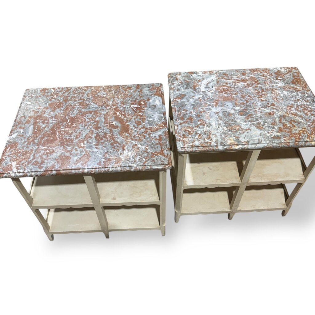 Pair of Louis XV Style Antique Marble Top Side Tables w/ Red & Gray Veined Stone Tops Over Original Hand Painted Cream Bases. Carved Scalloped Aprons & Triple Tier Open Shelving Reflect Classic French Provincial Design 30Lx24Wx29H