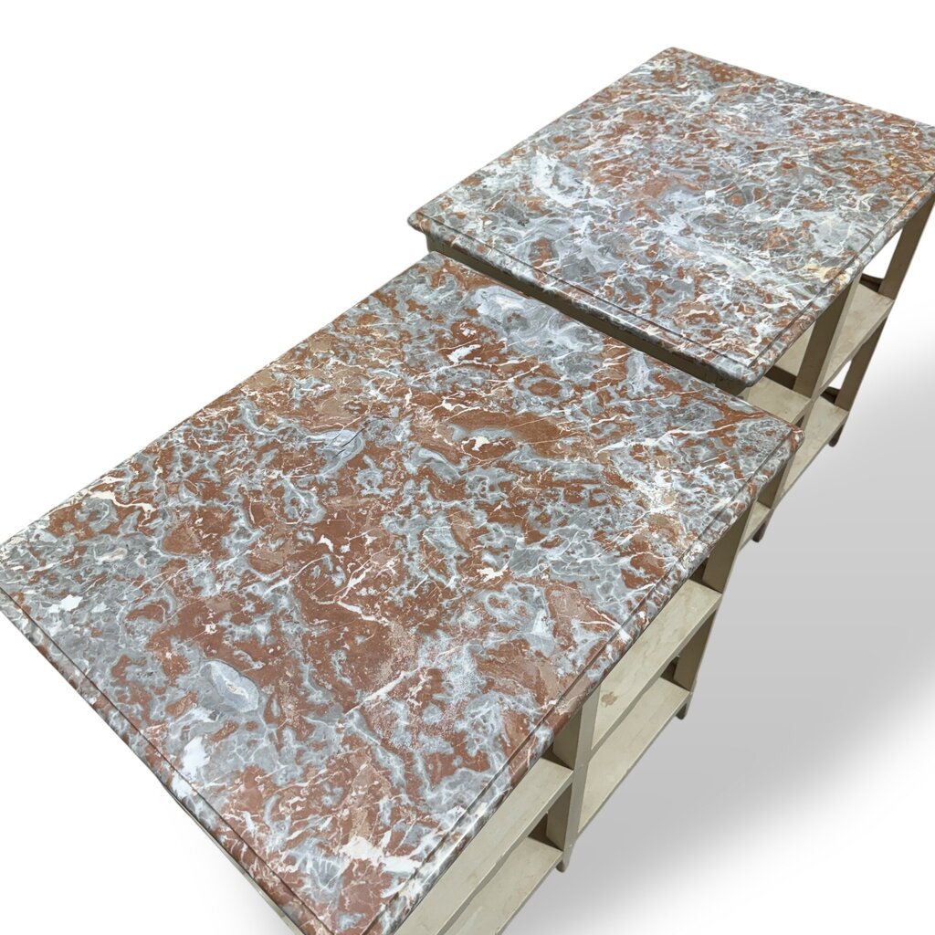 Pair of Louis XV Style Antique Marble Top Side Tables w/ Red & Gray Veined Stone Tops Over Original Hand Painted Cream Bases. Carved Scalloped Aprons & Triple Tier Open Shelving Reflect Classic French Provincial Design 30Lx24Wx29H