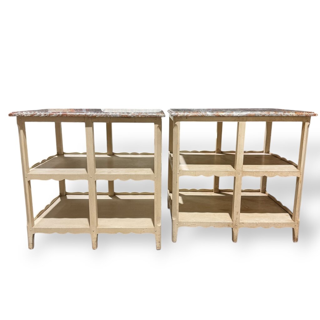 Pair of Louis XV Style Antique Marble Top Side Tables w/ Red & Gray Veined Stone Tops Over Original Hand Painted Cream Bases. Carved Scalloped Aprons & Triple Tier Open Shelving Reflect Classic French Provincial Design 30Lx24Wx29H