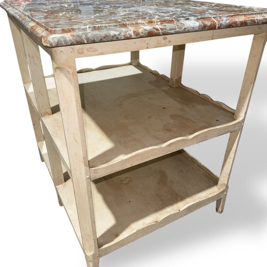 Pair of Louis XV Style Antique Marble Top Side Tables w/ Red & Gray Veined Stone Tops Over Original Hand Painted Cream Bases. Carved Scalloped Aprons & Triple Tier Open Shelving Reflect Classic French Provincial Design 30Lx24Wx29H